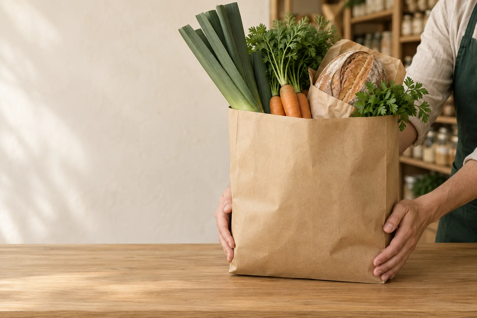 Illustrative Abholszene: Eine Einkaufstüte mit Brot und Gemüse wird über die Ladentheke gereicht.