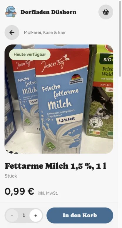 Fettarme Milch im Dorfladen Düshorn: Produktfoto, Verfügbarkeit, Preis und Warenkorb