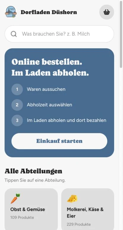 Startseite des Abhol-Shops mit Suchfeld, den drei Schritten und den Abteilungen
